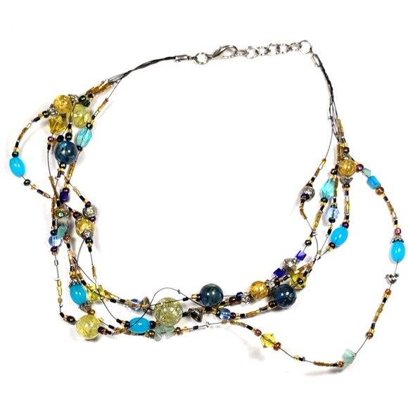Multi-Strand Beaded Necklace Blue Yellow Green Glass Beads Boho Statement - Picture 1 of 5